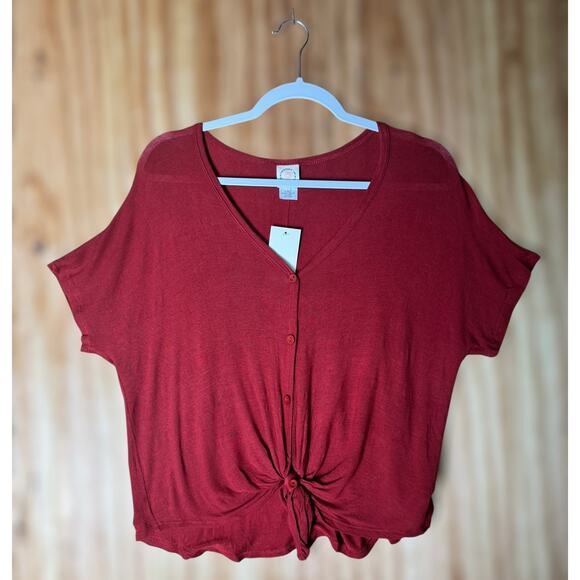 Rust Red Button Front Tie Hem Top Sz L Boho Casual Soft Knit V-Neck Slouchy Tee - Picture 1 of 4